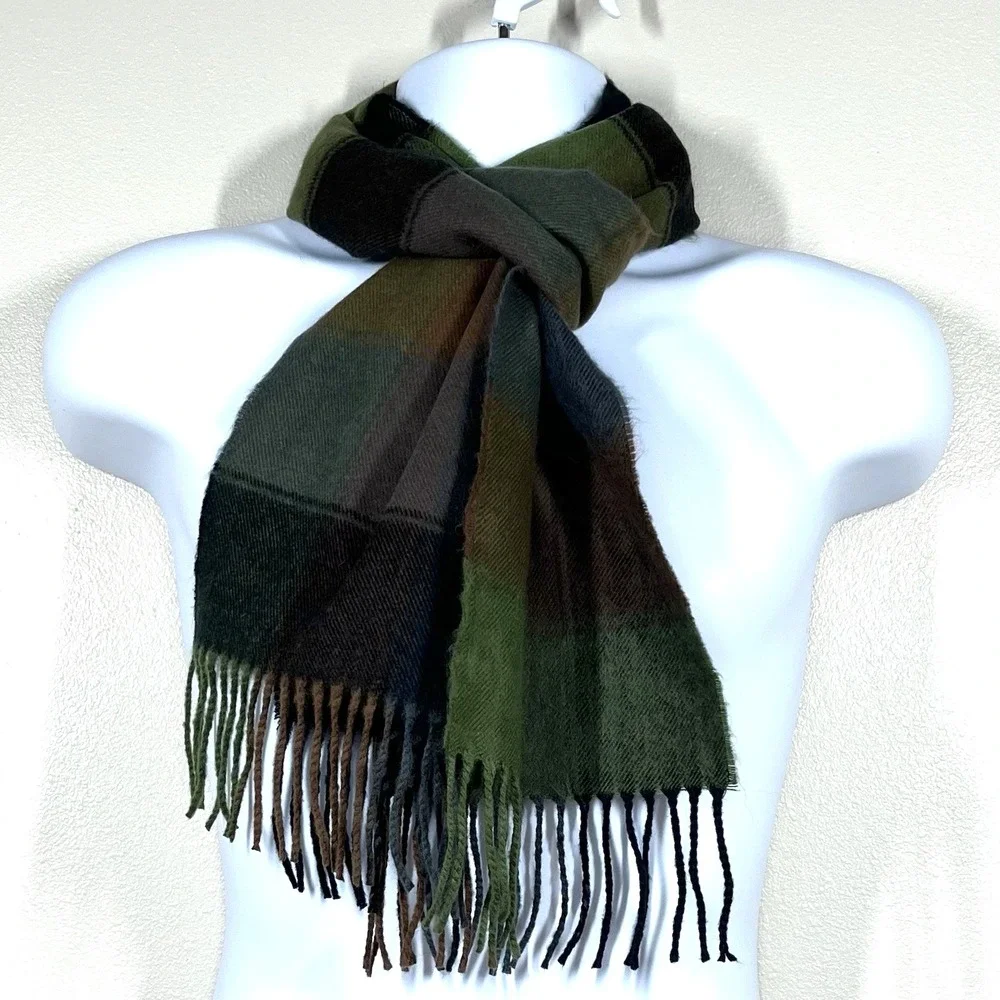 100% Scotland Cashmere Rectangular Scarf Gray Olive Burgundy Plaid Quiet Luxury